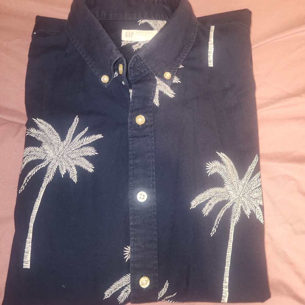Gap Mens Large Navy Blue White Palm Tree Print Short Sleeve Button Down Shirt